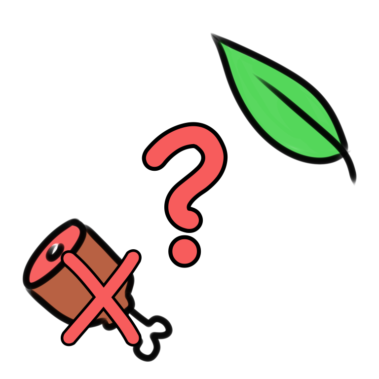 a drawing with a cartoon piece of meat in one corner and a green leaf in the other. there is a red question mark in the middle and an X over the meat. 